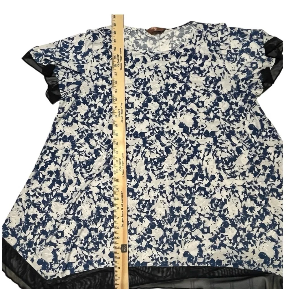 Amana Women's Floral Blouse 2X Navy White Boho Chiffon Ruffle Trim Top NWT - Picture 6 of 7
